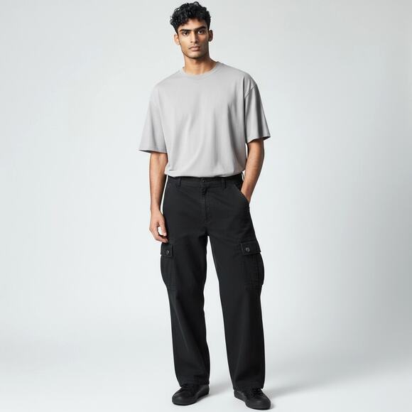 Men's Black Ripstop Wide Leg Cargo Pants SP Collection 38  Campy Gorpcore Work - Picture 1 of 8